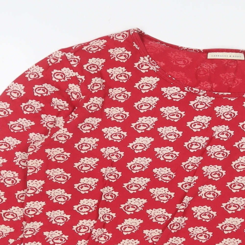 Cabbages & Roses Womens Red Floral Cotton Basic T-Shirt Size M Crew Neck