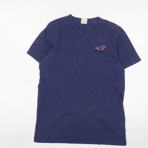 Hollister Mens Blue Cotton T-Shirt Size L V-Neck - Logo, Embroidered