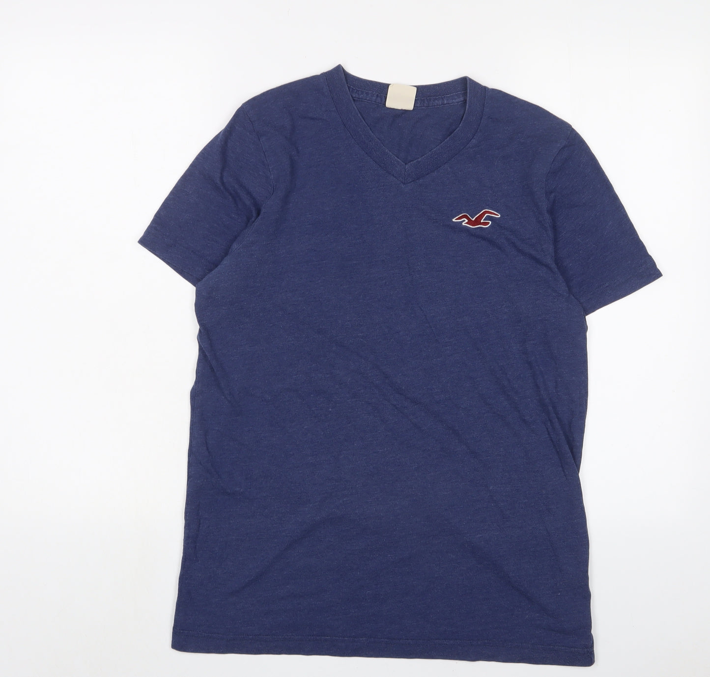 Hollister Mens Blue Cotton T-Shirt Size L V-Neck - Logo, Embroidered