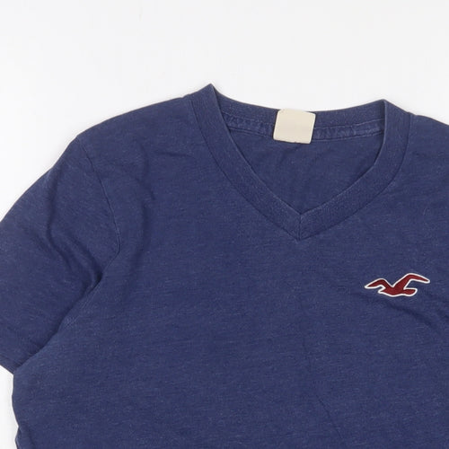 Hollister Mens Blue Cotton T-Shirt Size L V-Neck - Logo, Embroidered