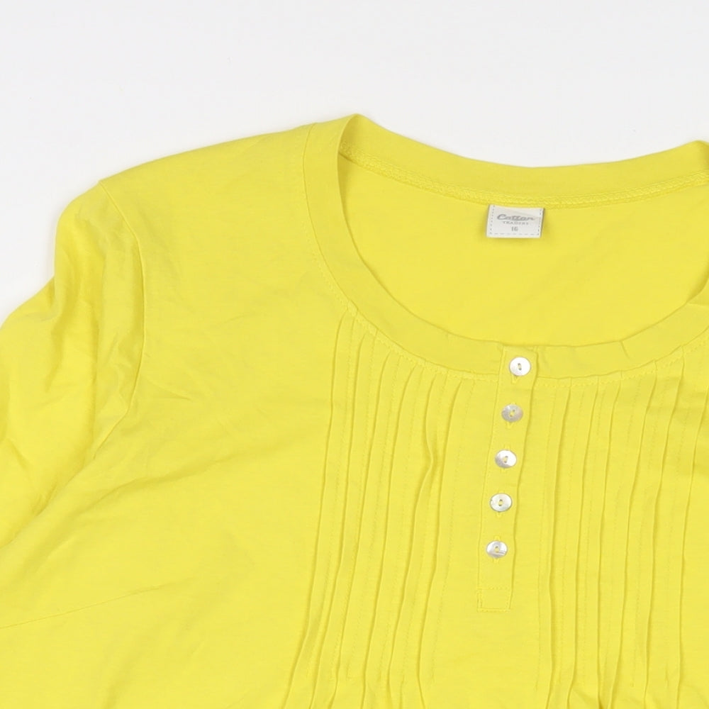 Cotton Traders Womens Yellow Cotton Tunic T-Shirt Size 16 Scoop Neck - Pleated