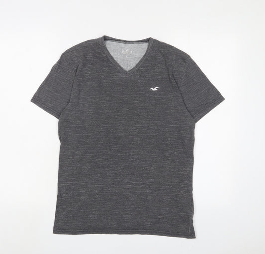 Hollister Womens Grey Cotton Basic T-Shirt Size M V-Neck - Logo, Embroidered