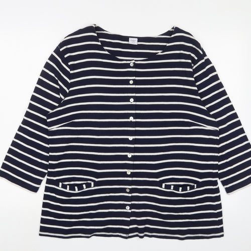 Cotton Traders Womens Blue Boat Neck Striped Cotton Cardigan Jumper Size 18 - 18/20