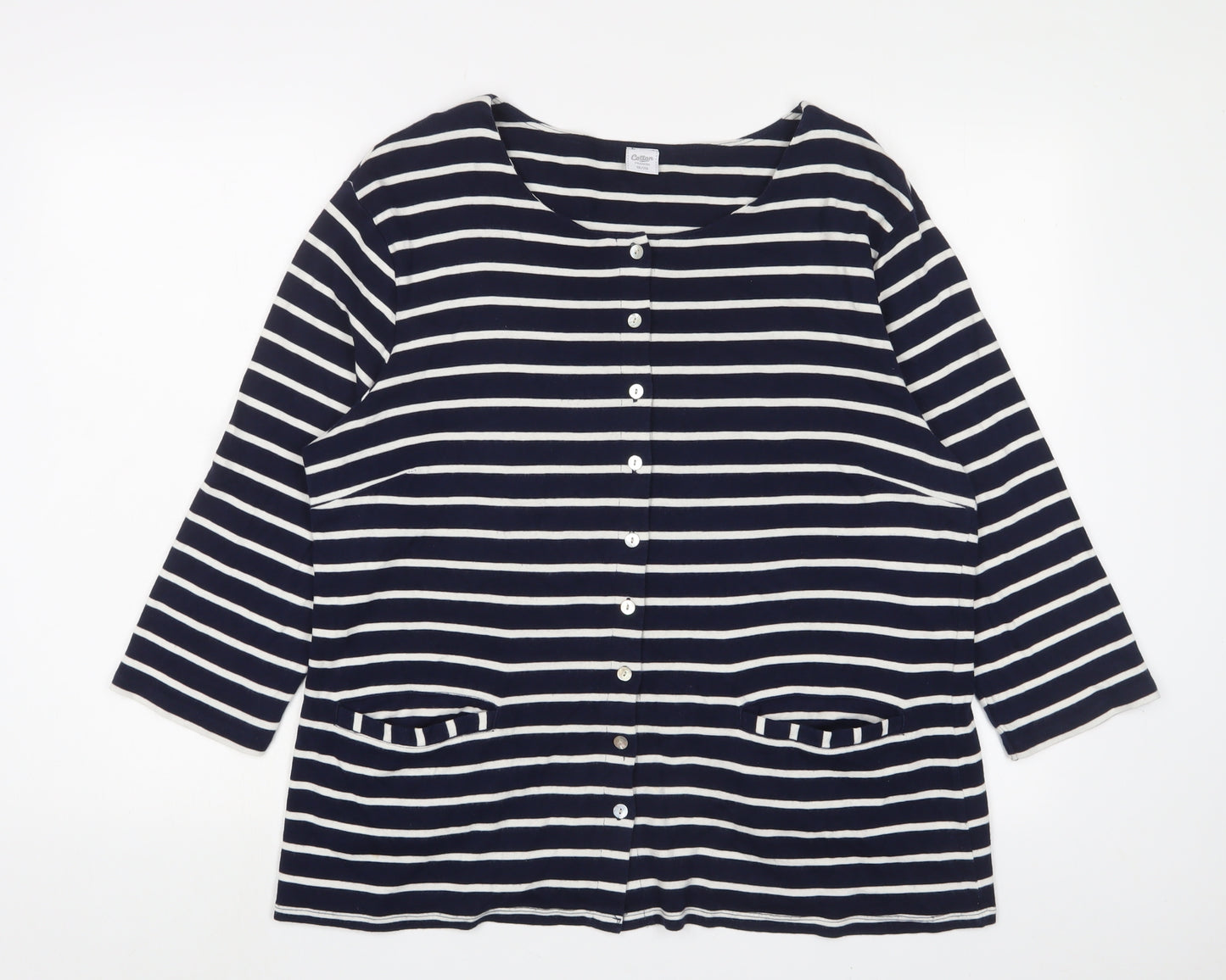 Cotton Traders Womens Blue Boat Neck Striped Cotton Cardigan Jumper Size 18 - 18/20