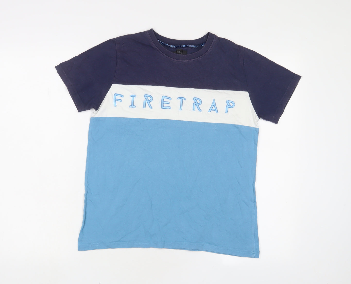 Firetrap Boys Blue Cotton Basic T-Shirt Size 13 Years Collared Pullover - Logo, Embroidered