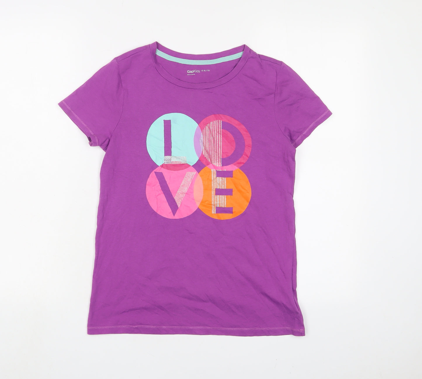 Gap Girls Purple Cotton Basic T-Shirt Size 13 Years Crew Neck Pullover - Love