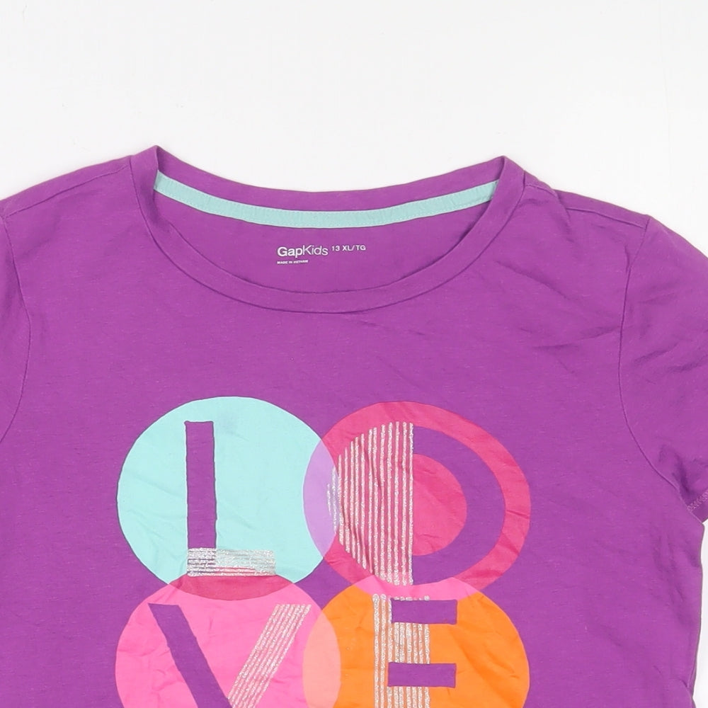 Gap Girls Purple Cotton Basic T-Shirt Size 13 Years Crew Neck Pullover - Love