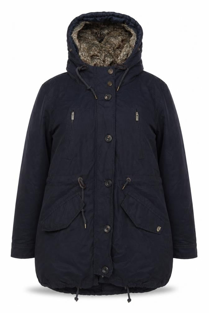 Front view of Iacomo women’s blue jacket coat, size L, zip