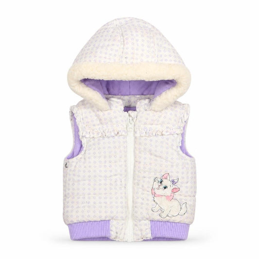 Front view of Disney girls’ white geometric gilet jacket, size 0-3, months zip - the aristocats