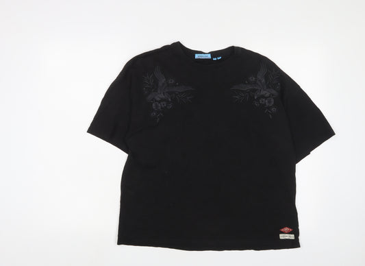 Superdry Womens Black Cotton Basic T-Shirt Size 12 Crew Neck - Embroidered