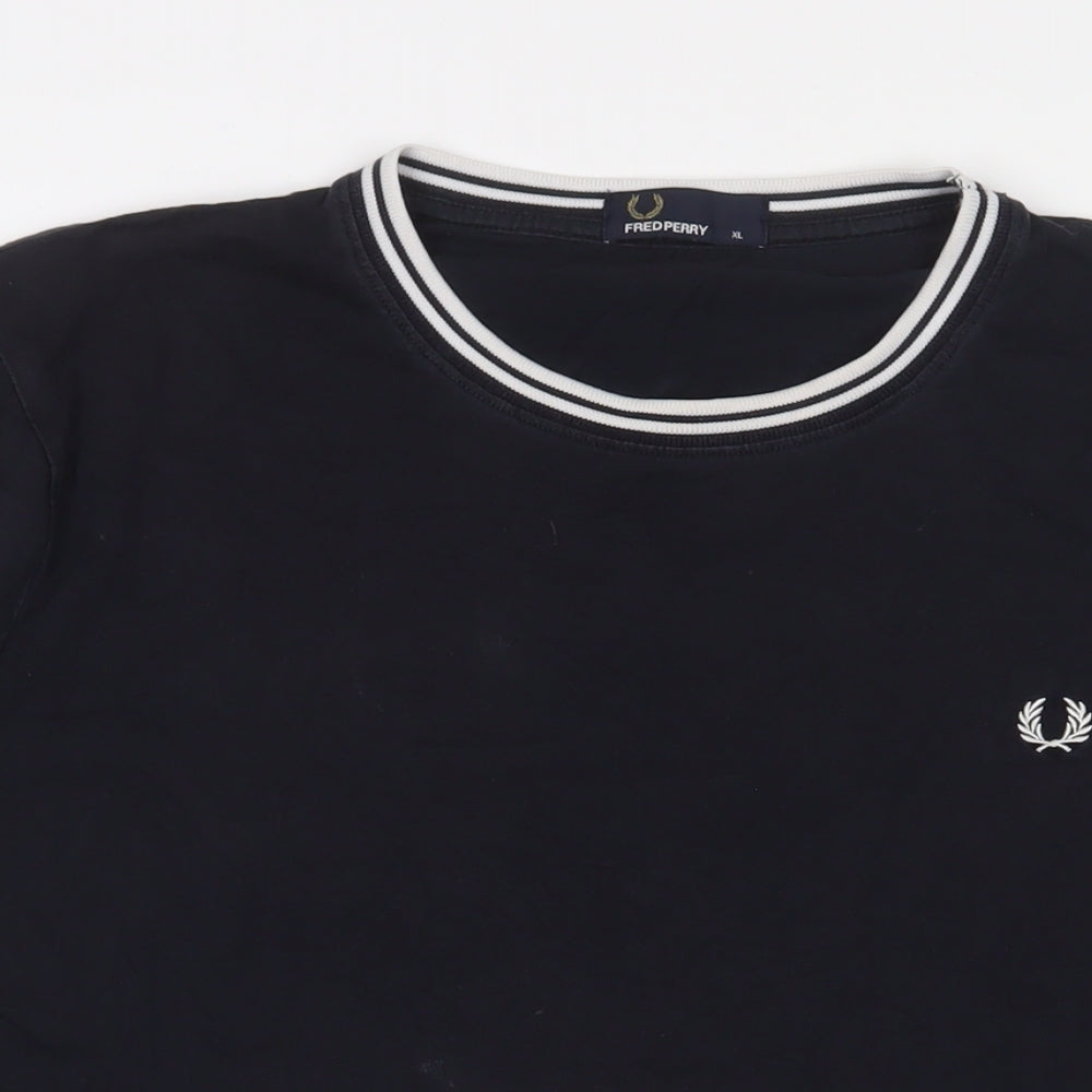 Fred Perry Mens Blue Cotton T-Shirt Size XL Crew Neck - Logo, Embroidered