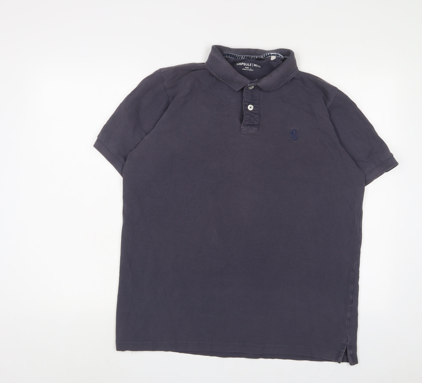 Capsule Mens Grey Cotton Polo Size L Collared Button - Logo, Embroidered