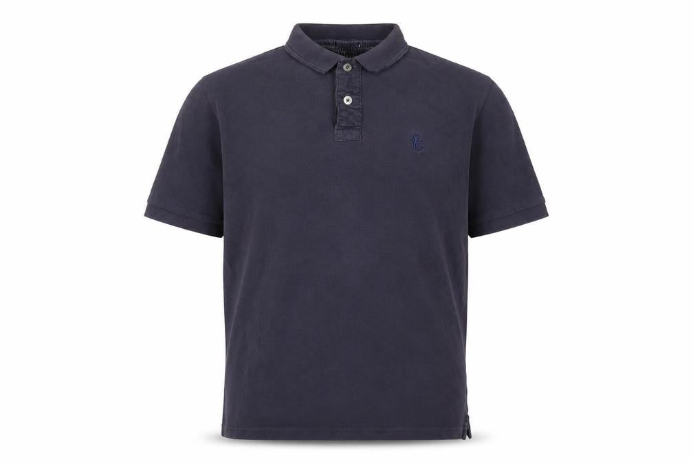 Front view of Capsule men’s grey cotton polo, size L, collared button - logo, embroidered