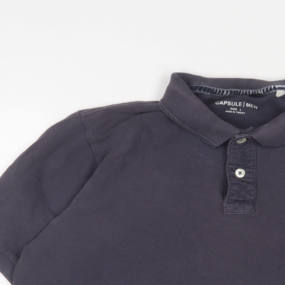 Capsule Mens Grey Cotton Polo Size L Collared Button - Logo, Embroidered