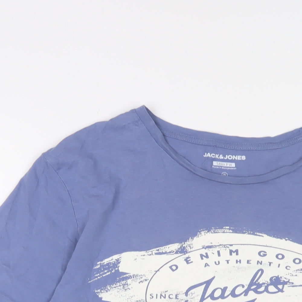 JACK & JONES Mens Blue Cotton T-Shirt Size XL Crew Neck - Logo