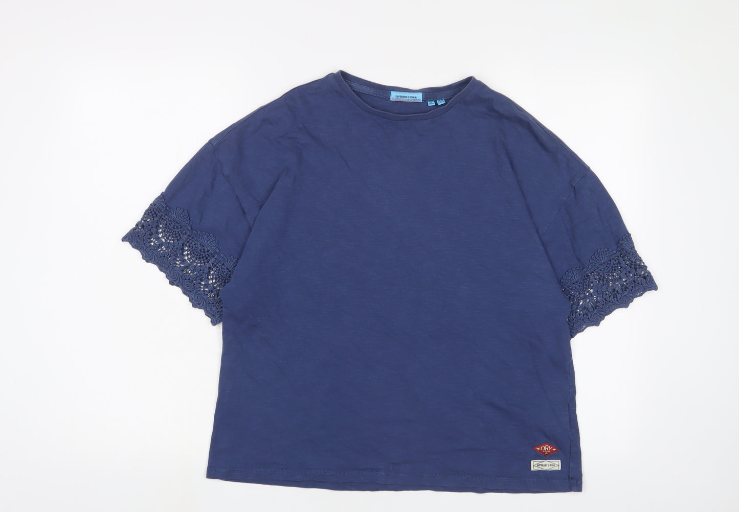 Superdry Womens Blue Cotton Basic T-Shirt Size 12 Crew Neck - Embroidered