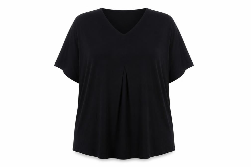 Front view of CISO women’s black cotton basic t-shirt, size 2XL, v-neck