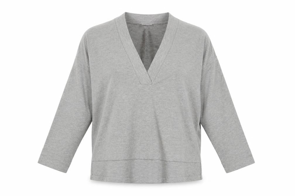 Front view of Noisy May women’s grey cotton basic t-shirt, size M, v-neck