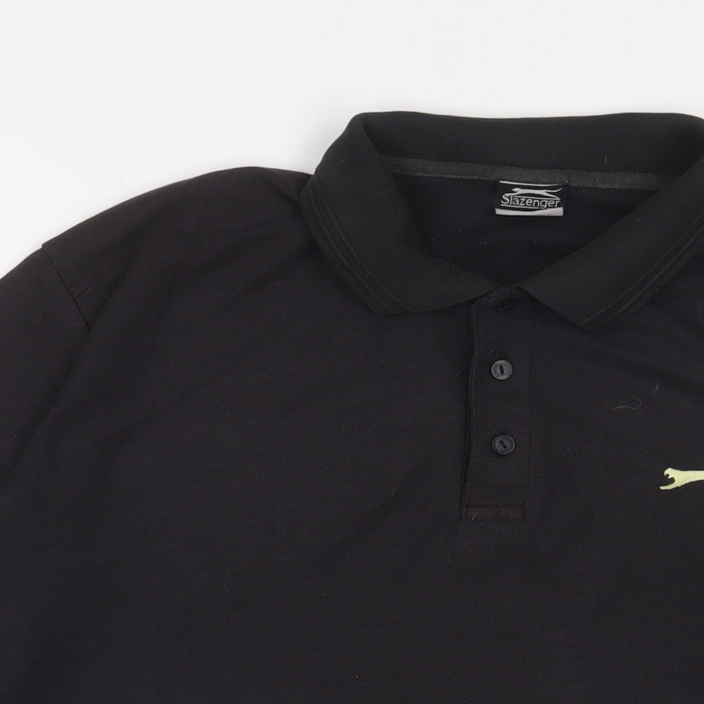 Slazenger Mens Black Cotton Polo Size XL Collared Button - Logo, Embroidered