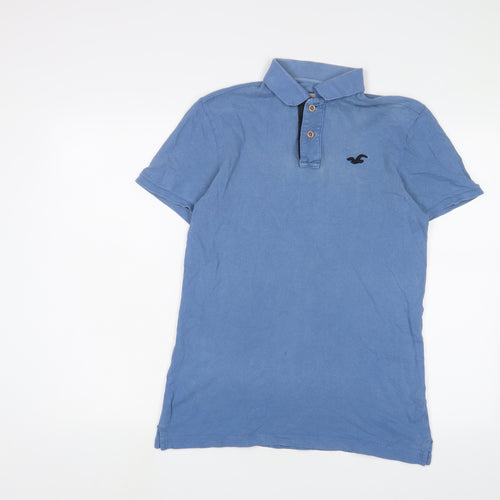 Hollister Mens Blue Cotton Polo Size S Collared Button - Logo, Embroidered