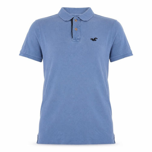 Front view of Hollister men’s blue cotton polo, size S, collared button - logo, embroidered