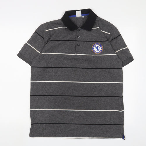 Chelsea Football Club Mens Grey Striped Polyester Polo Size L Collared Button - Logo, Embroidered