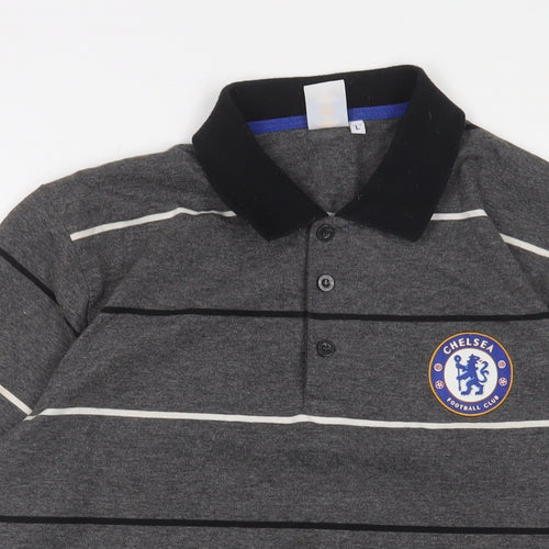 Chelsea Football Club Mens Grey Striped Polyester Polo Size L Collared Button - Logo, Embroidered