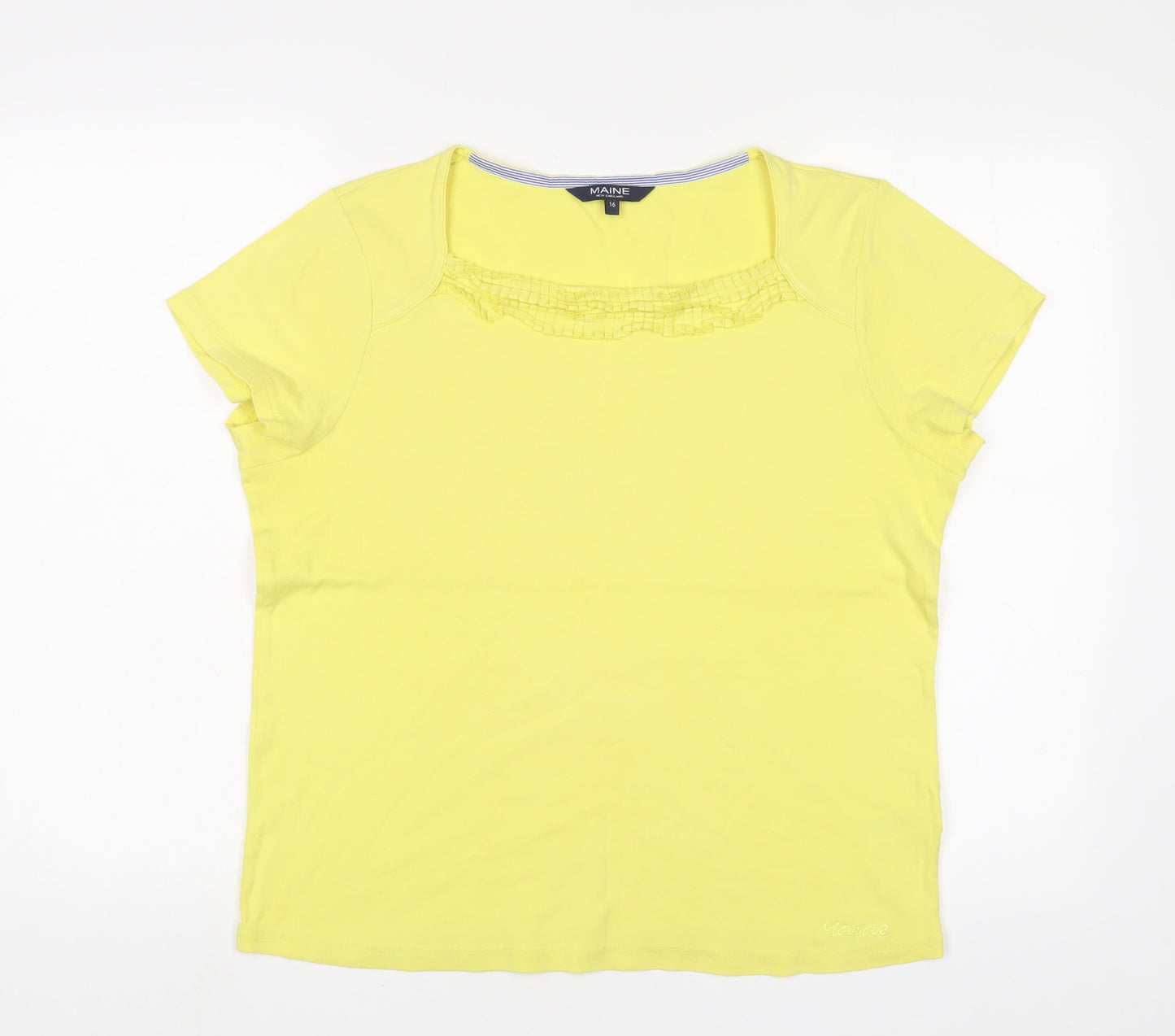 Maine Womens Yellow Cotton Basic T-Shirt Size 16 Square Neck - Embroidered