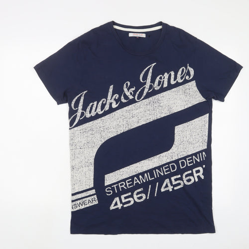 JACK & JONES Mens Blue Cotton T-Shirt Size XL Crew Neck - Logo