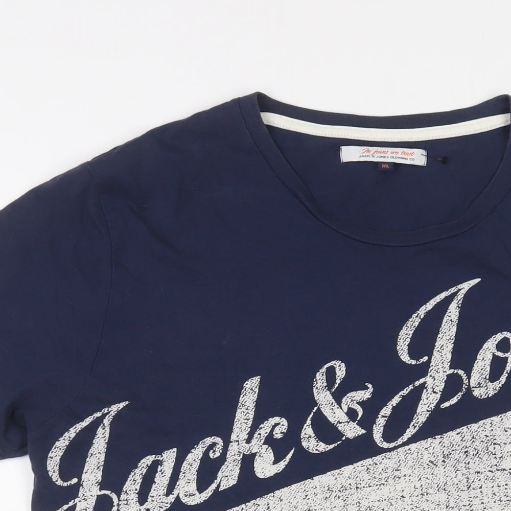 JACK & JONES Mens Blue Cotton T-Shirt Size XL Crew Neck - Logo