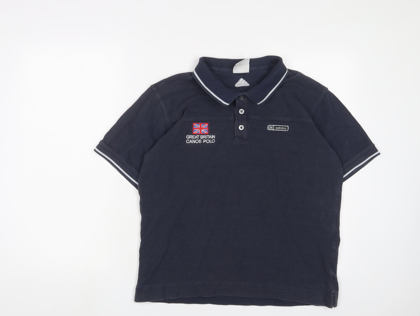 adidas Mens Blue Cotton Polo Size M Collared Button - Logo, Embroidered