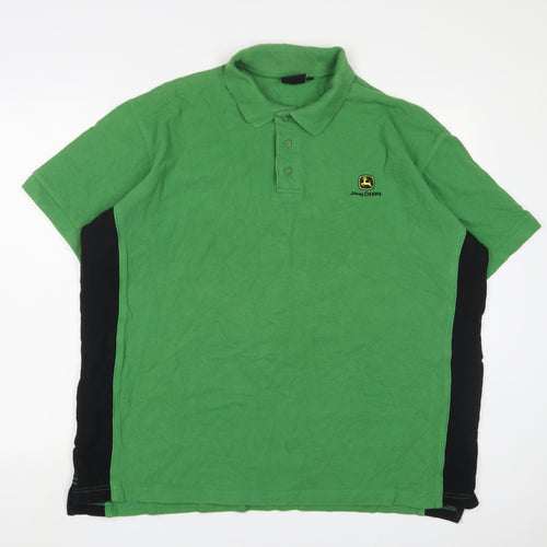 John Deere Mens Green Cotton Polo Size L Collared Button - Logo, Embroidered