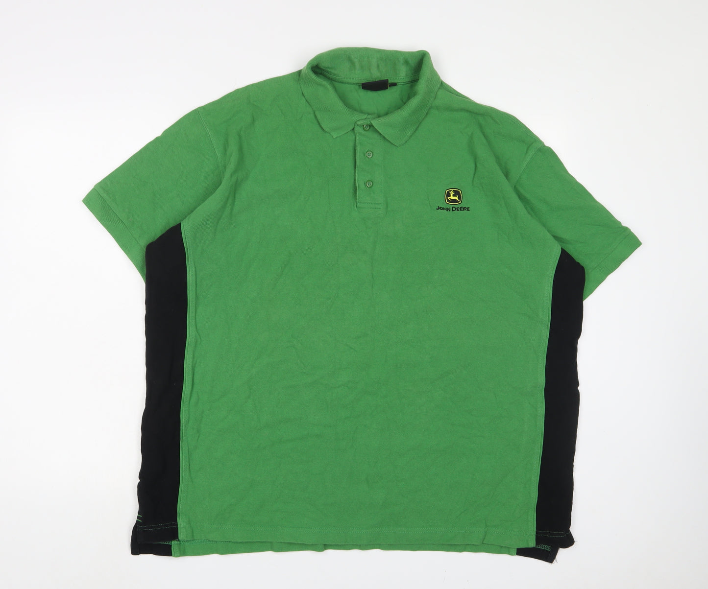 John Deere Mens Green Cotton Polo Size L Collared Button - Logo, Embroidered