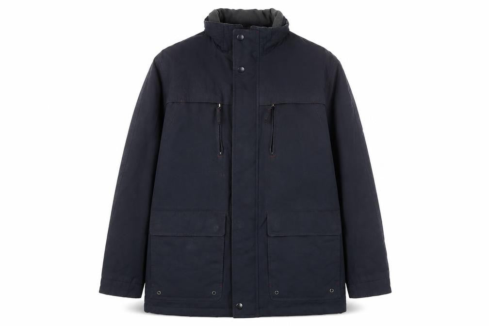 Front view of Brook Taverner men’s blue jacket, size L, zip
