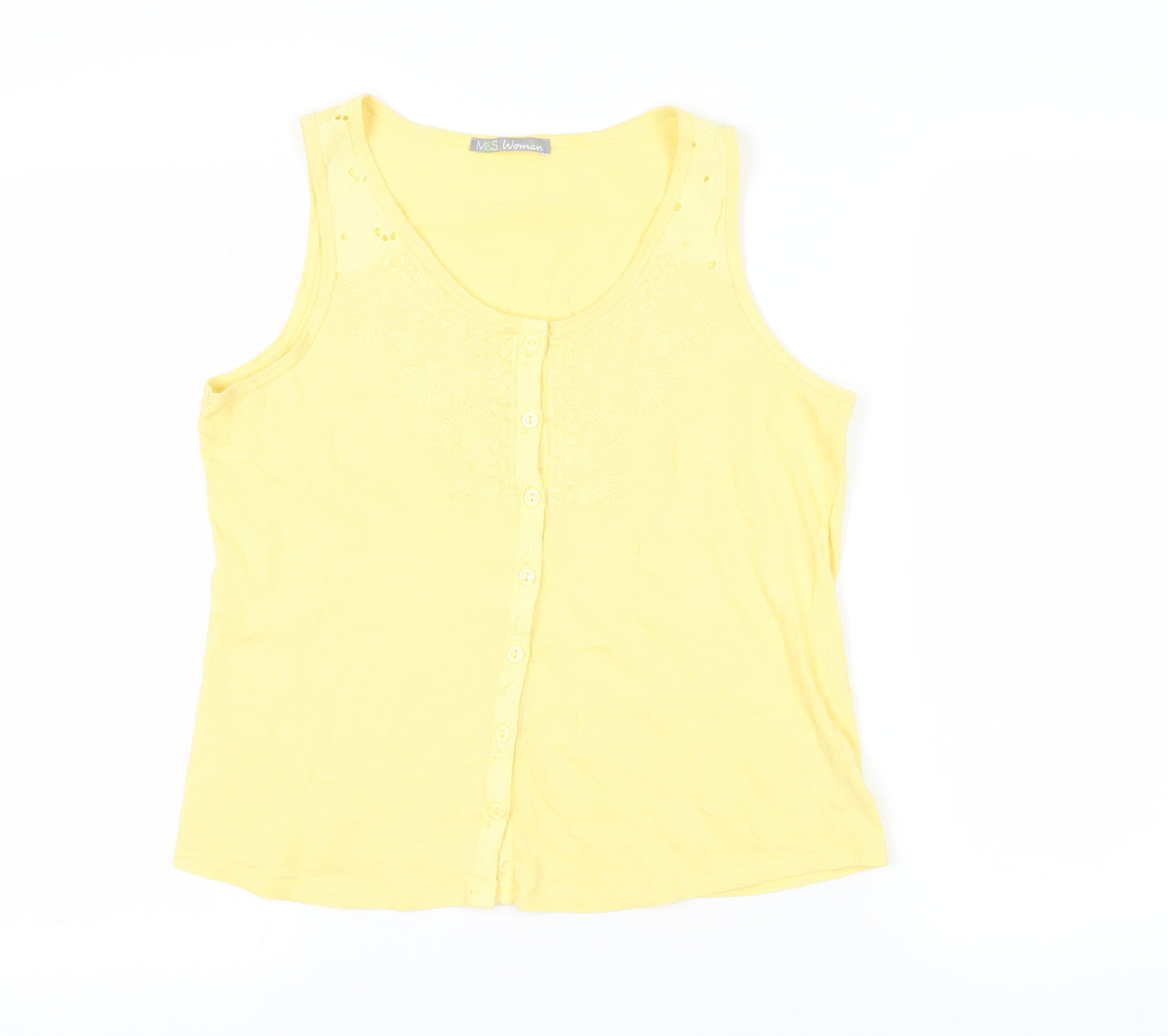 Marks and Spencer Womens Yellow Cotton Basic Button-Up Size 12 Round Neck - Embroidered