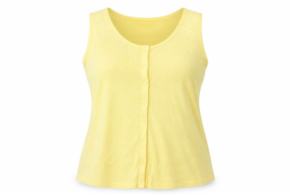 Front view of Marks & Spencer women’s yellow cotton basic button-up, size UK 12, round neck - embroidered