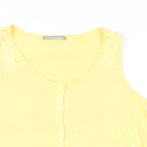 Marks and Spencer Womens Yellow Cotton Basic Button-Up Size 12 Round Neck - Embroidered