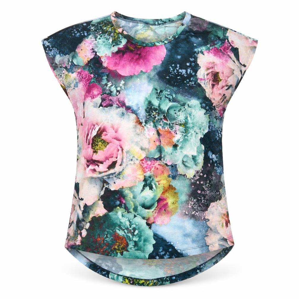 Front view of Vero women’s green floral polyester basic t-shirt, size XS, crew neck