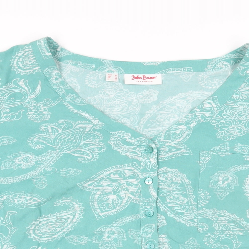 John Baner Womens Green Paisley Viscose Basic Button-Up Size 16 V-Neck