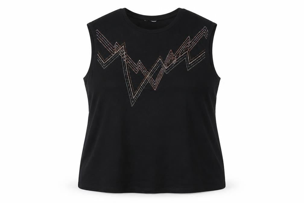 Front view of Sonder women’s black viscose basic tank, size UK 18, round neck - rhinestone