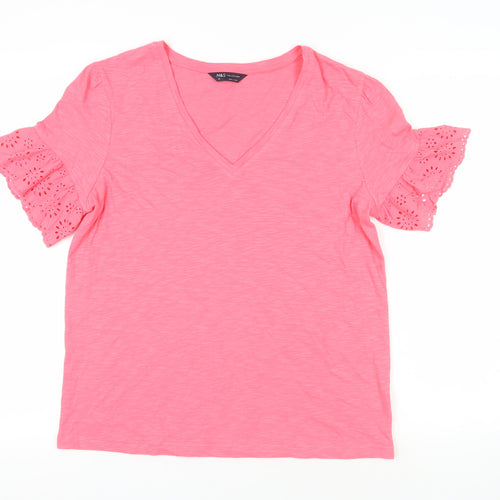 Marks and Spencer Womens Pink Cotton Basic T-Shirt Size 12 V-Neck - Broderie Anglaise Detail