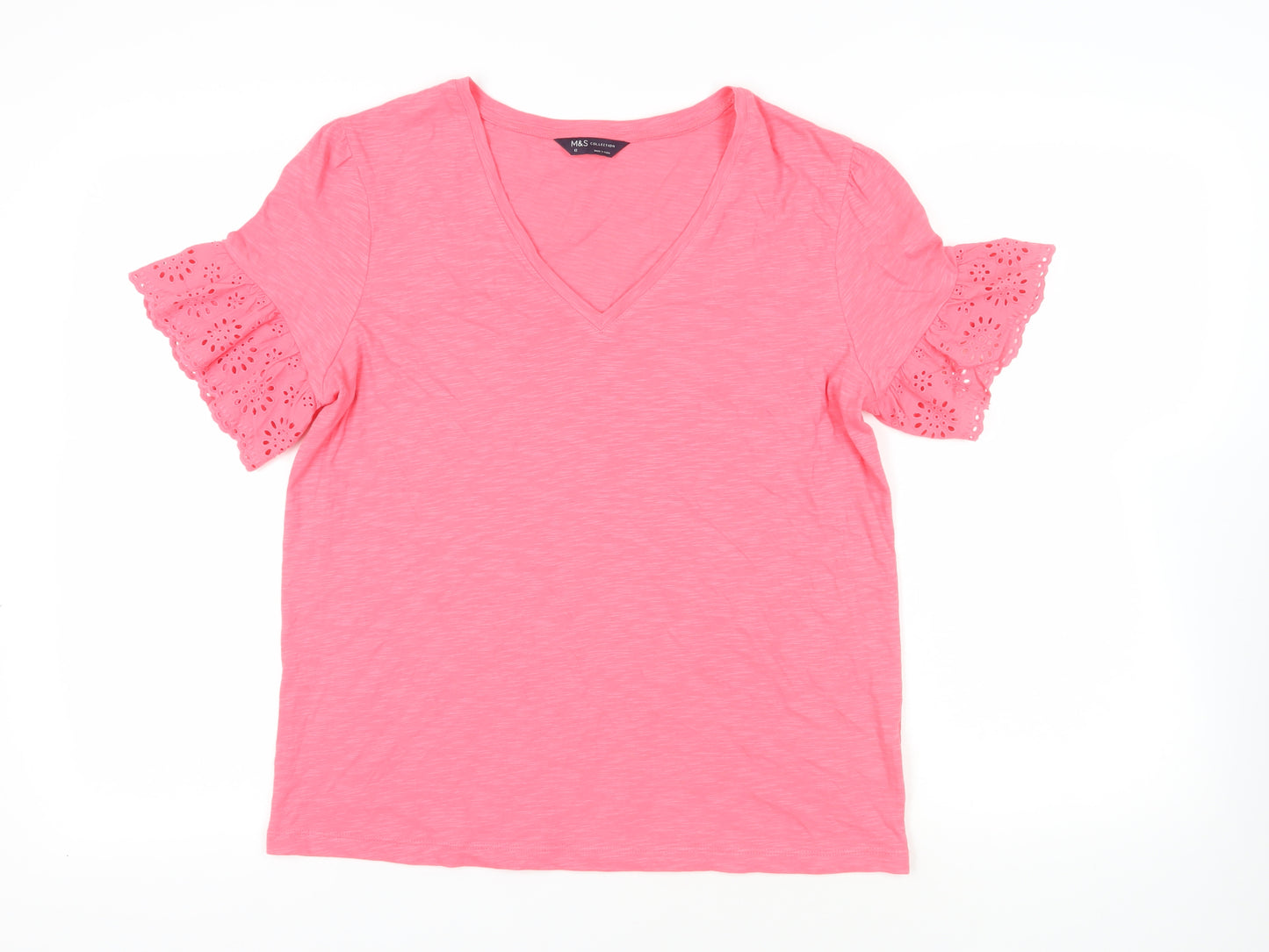 Marks and Spencer Womens Pink Cotton Basic T-Shirt Size 12 V-Neck - Broderie Anglaise Detail