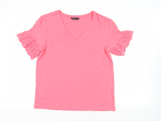 Marks and Spencer Womens Pink Cotton Basic T-Shirt Size 12 V-Neck - Broderie Anglaise Detail