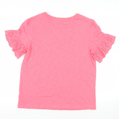 Marks and Spencer Womens Pink Cotton Basic T-Shirt Size 12 V-Neck - Broderie Anglaise Detail