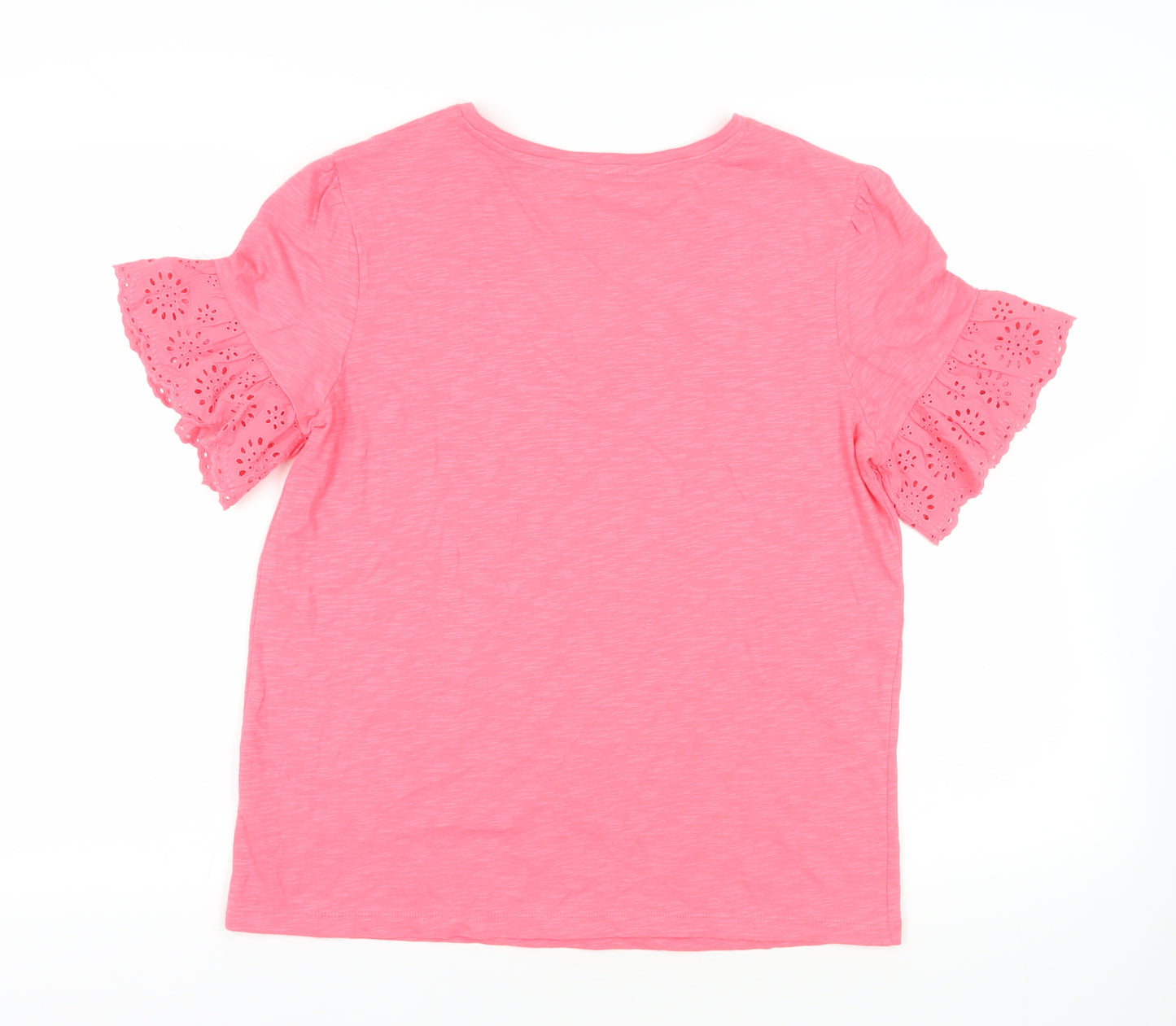 Marks and Spencer Womens Pink Cotton Basic T-Shirt Size 12 V-Neck - Broderie Anglaise Detail