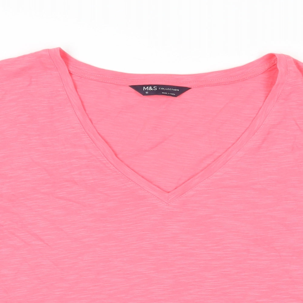 Marks and Spencer Womens Pink Cotton Basic T-Shirt Size 12 V-Neck - Broderie Anglaise Detail