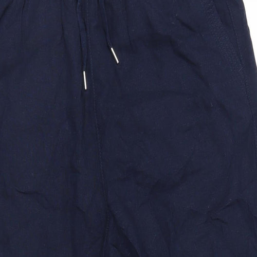 Marks and Spencer Womens Blue Linen Cropped Trousers Size 12 L23 in Regular Drawstring - Adjustable Waist