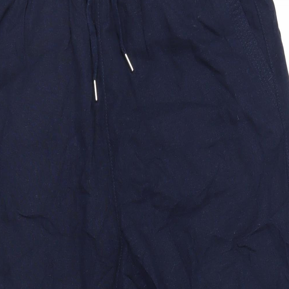 Marks and Spencer Womens Blue Linen Cropped Trousers Size 12 L23 in Regular Drawstring - Adjustable Waist