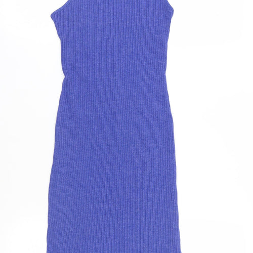 New Look Womens Blue Cotton Tank Dress Size 10 Square Neck Pullover - Ribbed