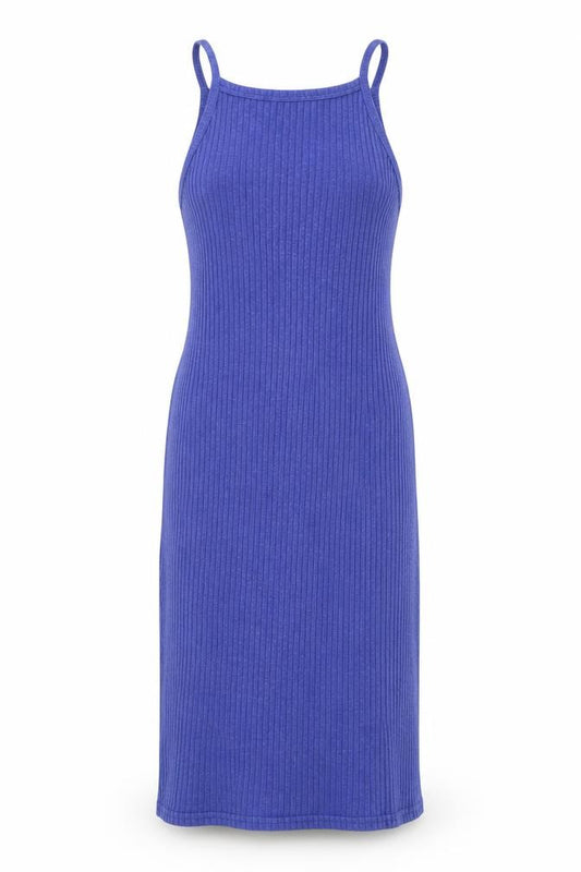 Front view of New Look women’s blue cotton tank dress, size UK 10, square neck pullover - ribbed